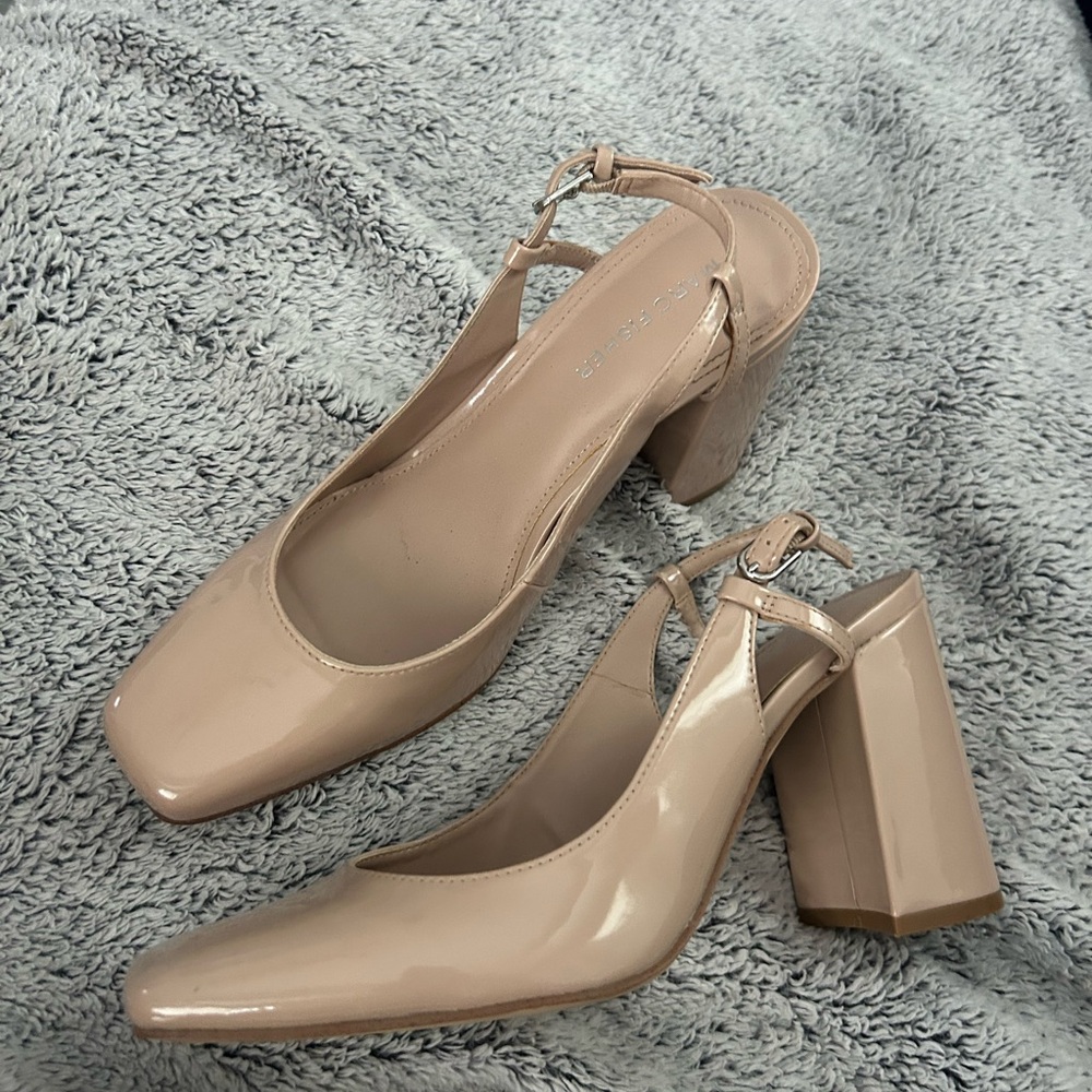 Marc Fisher Nude Patent Block Heel Slingbacks